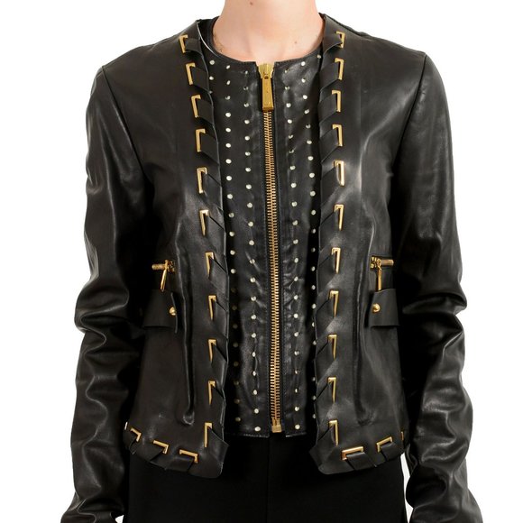 Just Cavalli Women's Black 100% Leather Full Zip Bomber Jacket US S IT 40 - Picture 1 of 6